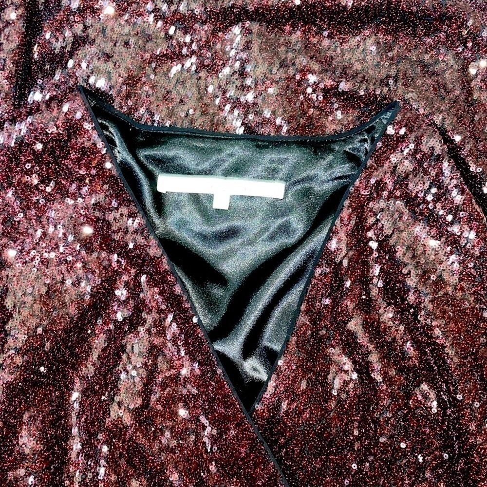 Rachel Rachel Roy Sequin Faux Wrap High Slit Long Sleeve V Neck Cocktail Dress - Picture 4 of 6